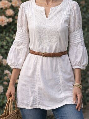 Culture White Boho Embroidered Tunic Top Balloon Sleeve Medium